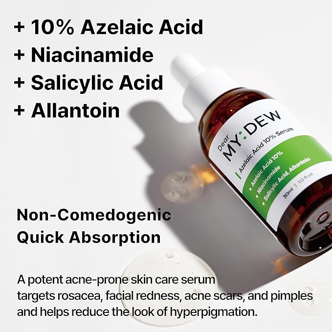 10% Azelaic Acid Serum with Niacinamide, Salicylic Acid, Allantoin, Rosacea Treatment for Face Redness Relief, Reduce Cystic Acne Scar, Pimples, Non-Comedogenic, Korean Skincare, 1Fl Oz