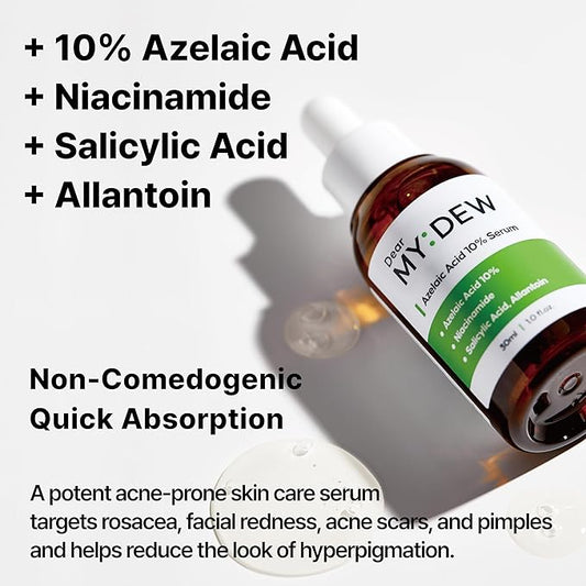 10% Azelaic Acid Serum with Niacinamide, Salicylic Acid, Allantoin, Rosacea Treatment for Face Redness Relief, Reduce Cystic Acne Scar, Pimples, Non-Comedogenic, Korean Skincare, 1Fl Oz