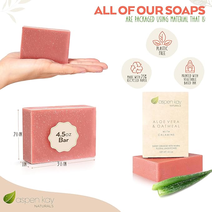 Aloe Vera & Oatmeal Soap Bar with Calamine, Natural & Organic Ingredients - Organic Aloe Vera & Colloidal Oats. Face & Body - for Men, Women & Teens. Gentle Body Wash. 4.5 oz Bar