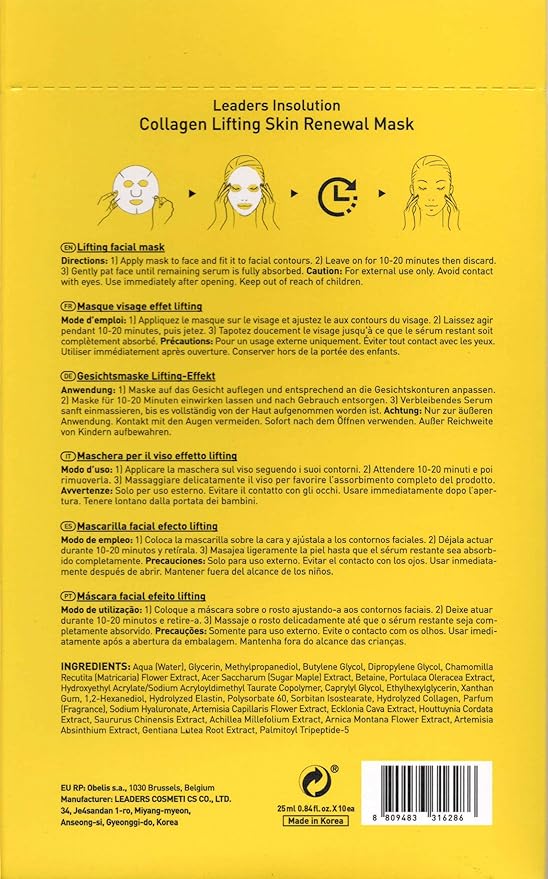 Leaders Insolution Collagen Lifting Skin Renewal Mask | Marine Collagen for Firmness and Elasticity Anti-Wrinkle, Sculpting Facial Sheet | Hydrating Serum for Smooth Skin (10 Sheets)