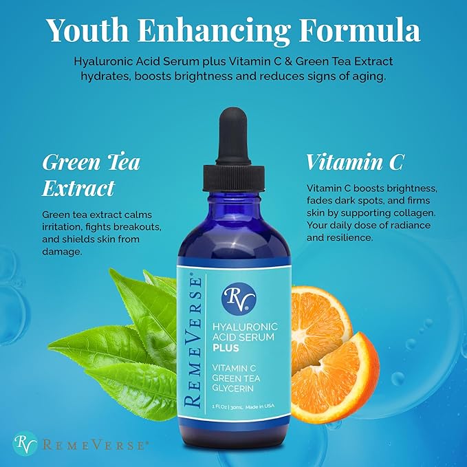 RemeVerse Hyaluronic Acid Serum with Vitamin C & Green Tea Extract - 100% Pure Formulation for Face, Lips & Décolleté - Intense Moisture for Dry Skin & Fine Lines for a Youthful & Plump Look, 1 oz