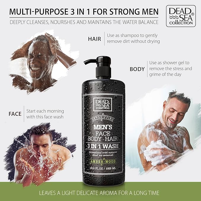 Dead Sea Collection Mens Body Wash 3 in 1 – Amber Wood Body Wash for Men – Shower Gel – Shampoo – Shower Soap for Face and Hair (33.8 Fl. Oz)