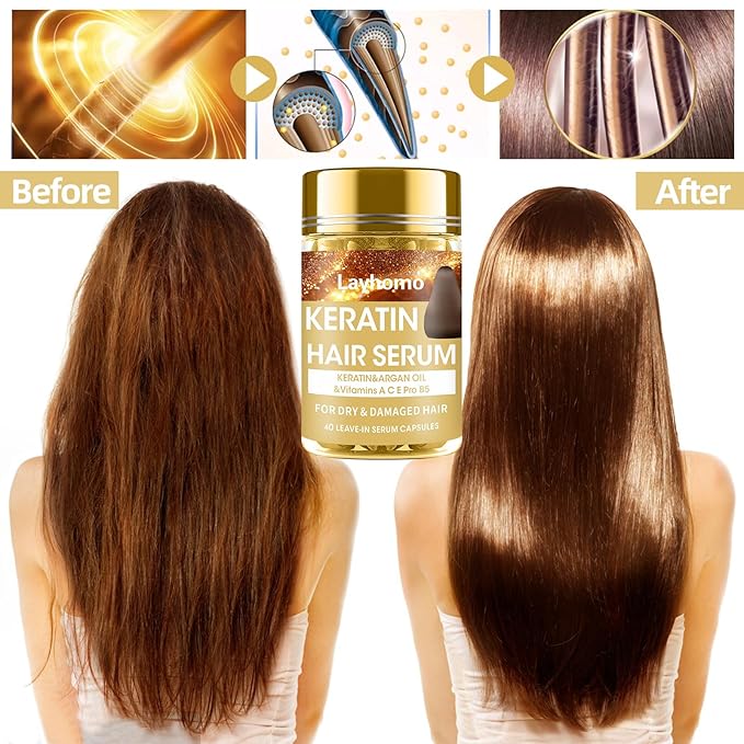Keratin Hair Treatment Serum,Hair Oil Treatment for Dry Damaged Hair,Hair Oil Capsules with Keratin,Argan Oil-Leave-in Anti Frizz Conditioner with Vitamins A, C, E & B5- No Rinse for All Hair Types