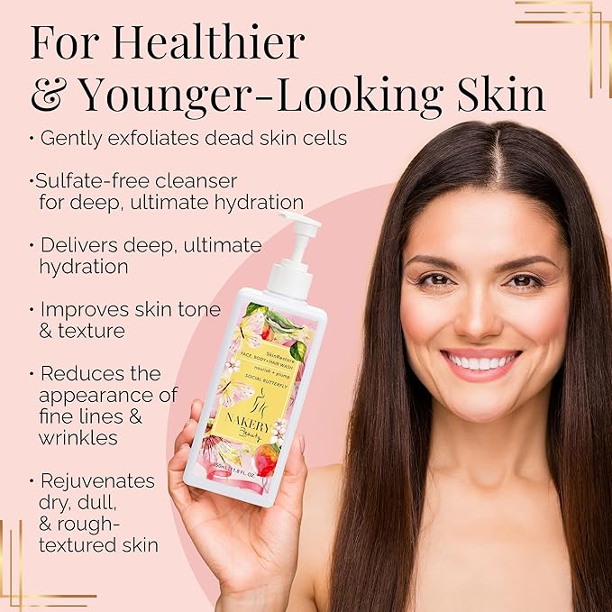 Nakery SkinRestore Hydrating Face & Body Wash with Hyaluronic Acid - Body Wash for Sensitive Skin - Foaming Face Wash & Oil Cleanser for Women 350ml - Sulfate Free & Cruelty Free - Social Butterfly
