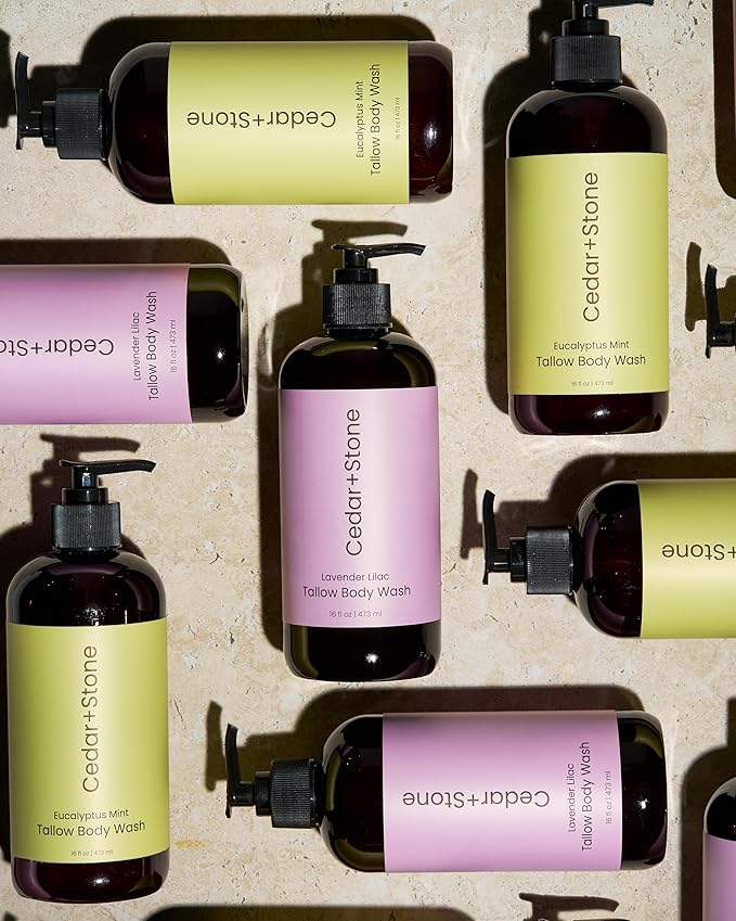 Cedar + Stone Tallow Body Wash – Liquid Tallow Soap & Shower Gel Formulated with USDA Organic Oils – Lavender & Lilac – Sulfate-Free Cleanser for Sensitive Skin – Made in USA, 16oz