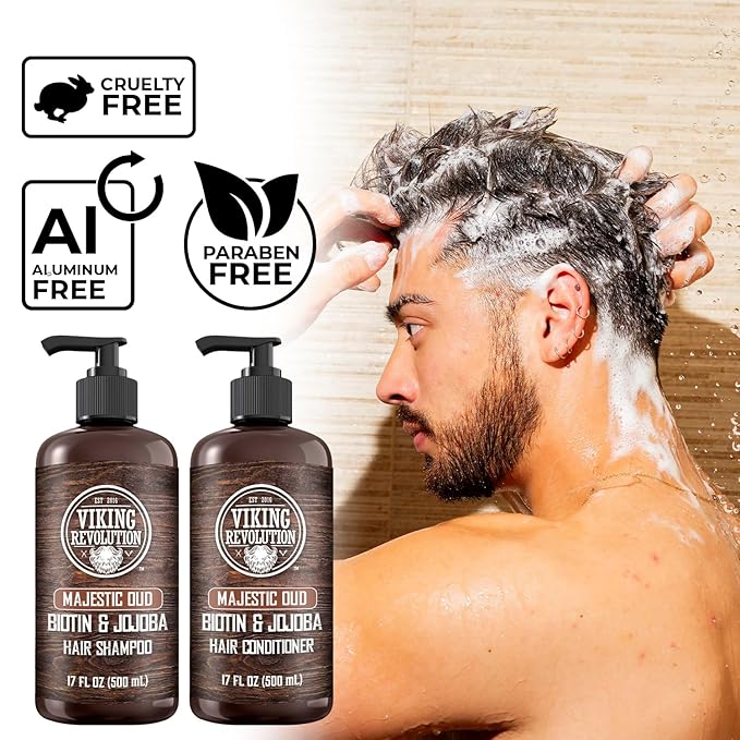 Viking Revolution Majestic Oud Mens Shampoo and Conditioner Set with Biotin and Jojoba Oil - Natural Hair Shampoo and Hair Conditioner for Men with Vitamin B5 - Mens Shampoo for Thinning Hair (17Oz)