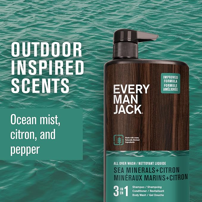 Every Man Jack Sea Minerals + Citron Hydrating Mens 3-in-1 All Over Wash for All Skin and Hair Types - Body Wash, Shampoo and Conditioner with Naturally Derived Ingredients - 28.8oz (2 Pack)