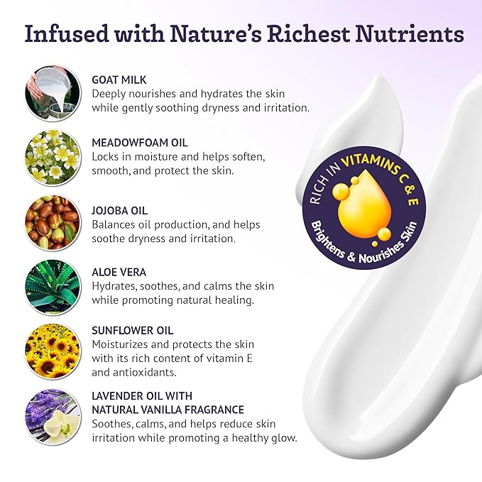 Southern Natural Goat Milk Lotion – Nourishing Face, Body & Hand Moisturizer for Dry & Sensitive Skin - Hydrating Cream, Gentle Skincare for Soft & Smooth Feel - Lavender Vanilla Scent - 12oz