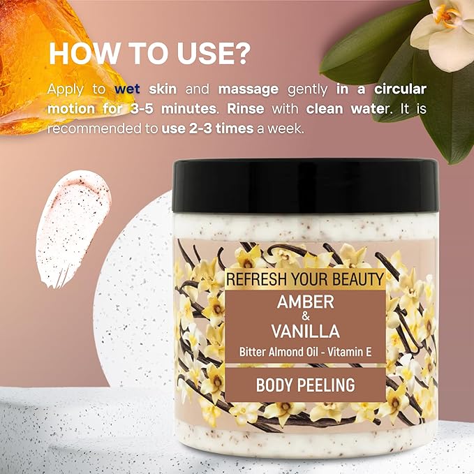 Body Scrub - Warm Vanilla & Amber Richness, Bitter Almond Oil, Nutshell & Apricot Kernel Granules and Vitamin E, Soft Peeling Effect, 16.9 fl.oz