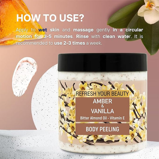 Body Scrub - Warm Vanilla & Amber Richness, Bitter Almond Oil, Nutshell & Apricot Kernel Granules and Vitamin E, Soft Peeling Effect, 16.9 fl.oz