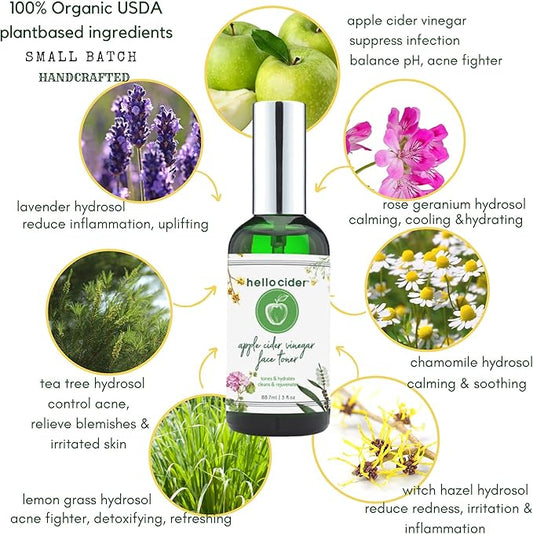 Apple Cider Vinegar Toner - Witch Hazel,Tea Tree,Rose Geranium,Lavender, Chamomile. NO Oils. Tone, Reduce Blemish, Clear Pores & Acne, 3oz. USA Made/Hello Cider