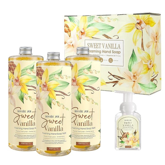 Foaming Hand Soap Refill Gift Set – Sweet Vanille Scent – 3 Pack (1000ML Each) with Dispenser, Gentle & Moisturizing Plant-Based Formula – Bulk Refill Bottles for Bathroom & Kitchen Use
