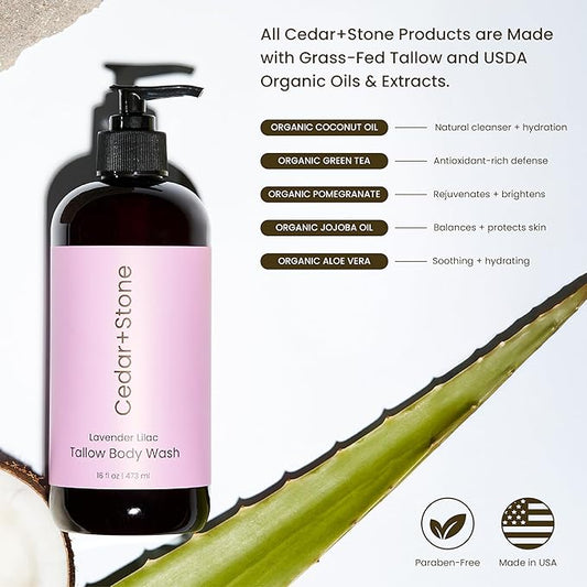 Cedar + Stone Tallow Body Wash – Liquid Tallow Soap & Shower Gel Formulated with USDA Organic Oils – Lavender & Lilac – Sulfate-Free Cleanser for Sensitive Skin – Made in USA, 16oz