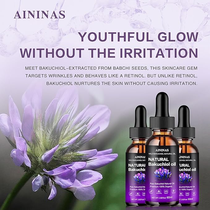 AIninas Bakuchiol Oil Organic for Face - Natural Retinol Alternative Reduces Wrinkles & Fine Lines, Sensitive Skin Safe, Mix with Moisturizer - Hydrating Facial Serum for Day & Night Use, 2 fl oz
