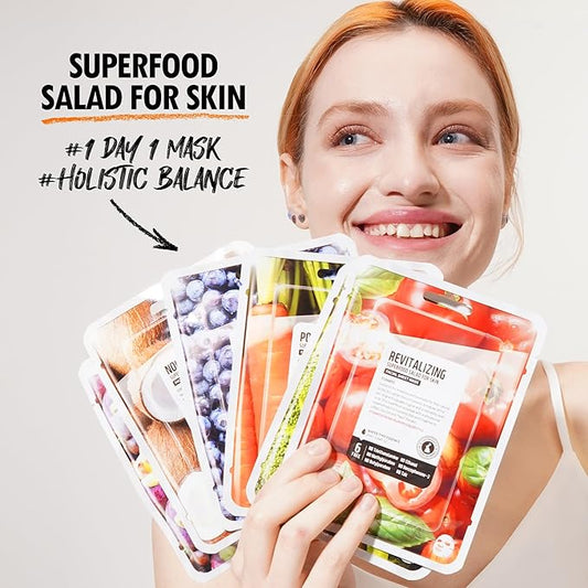FARMSKIN Superfood Salad Sheet Mask Set of 6 | Korean Face Mask Sheets w/Mangosteen, Broccoli, Carrot, Coconut, Blueberry & Tomato | Refreshing, Nourishing & Cruelty-Free Face Mask Skincare Set