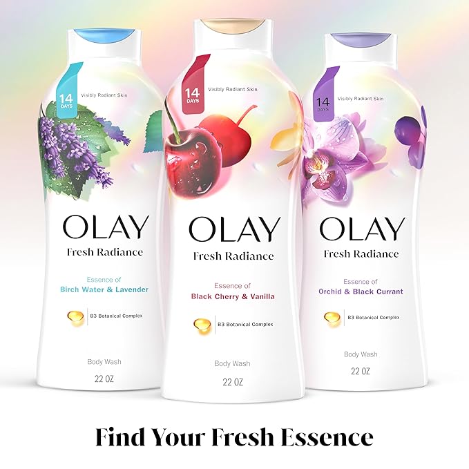 Olay Body Wash for Women, Fresh Radiance, Refreshing & Renewing, Made with Plant Based Cleansers, B3 Botanical Complex, For All Skin Types, Black Cherry & Vanilla Scent, 22 fl oz