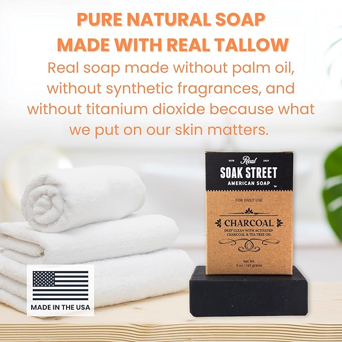 Real American Soap with Activated Charcoal & Tea Tree Oil (3 Pack) – Long-Lasting, Moisturizing Natural Bar Soap with Grass Fed Tallow, Gentle Conditioning Lard, & Coconut Oil – Daily Use