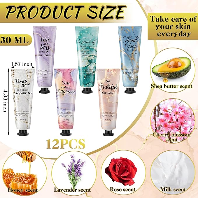 12pcs Employee Appreciation Team Gifts Bulk Travel Size Hand Cream Inspirational Thank You Gifts for Women Dry Skin Hand Lotion Bulk for Teachers Day Christmas Staff Employees Coworkers Women