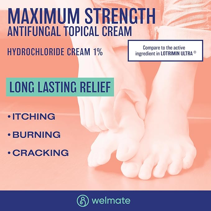 WELMATE - Athletes Foot Treatment Extra Strength - Antifungal Cream - Butenafine Hydrochloride - Relief from Ringworm, Athlete's Foot & Jock Itch - Foot Care - Nail Fungus Treatment for Toenail - 1oz