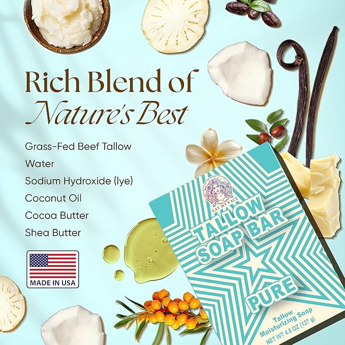 2-Pack Beef Tallow Soap Bar Grass Fed – Organic Body Soaps, Face Tallow Soap Bar for Women – All Natural Soaps for Sensitive Skin, Moisturizing & Nourishing Cleanser for All Skin Types, In Unscented