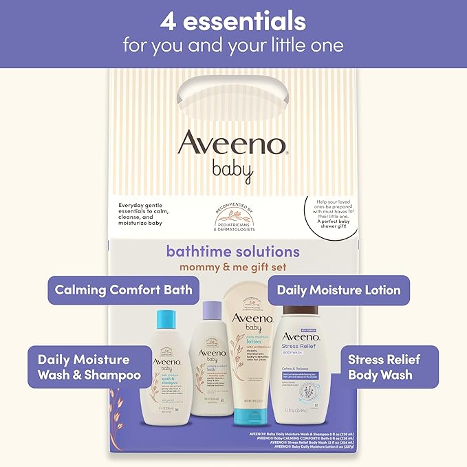 Aveeno Baby Bathtime Solutions Mommy & Me Gift Set, Baby Wash & Shampoo, Calming Bath, Daily Moisturizing Lotion and Stress Relief Body Wash for Mom, Colloidal Oat, Baby Bath Essentials, 4 items