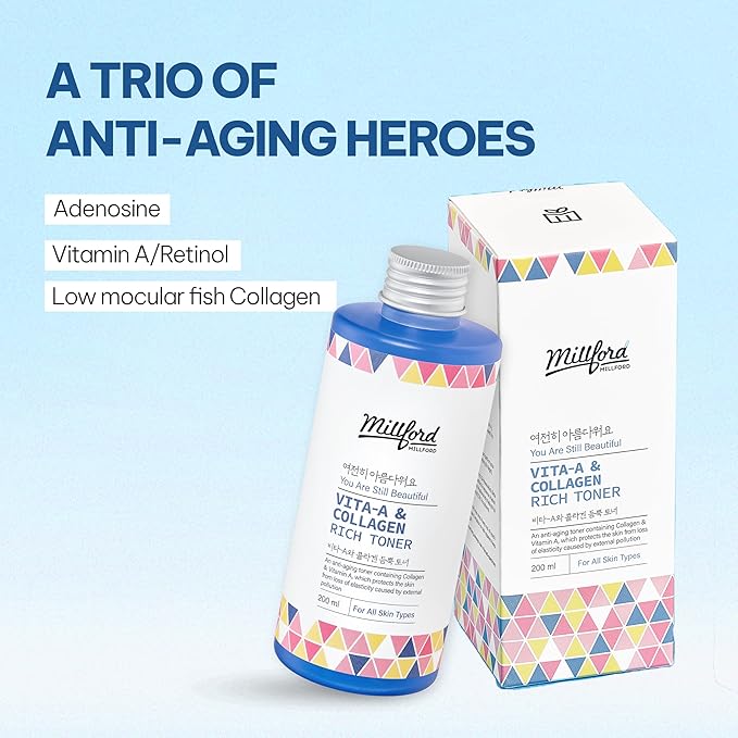 Vita A & Collagen Rich Toner 6.76 Oz, 200ml, Fish/Marine Collagen, Slow-Aging Moisturizing Toner, Vitamin A Retinol, Wrinkles, Fine Lines, Anti-Aging, Retinyl Palmitate, Korean Skincare