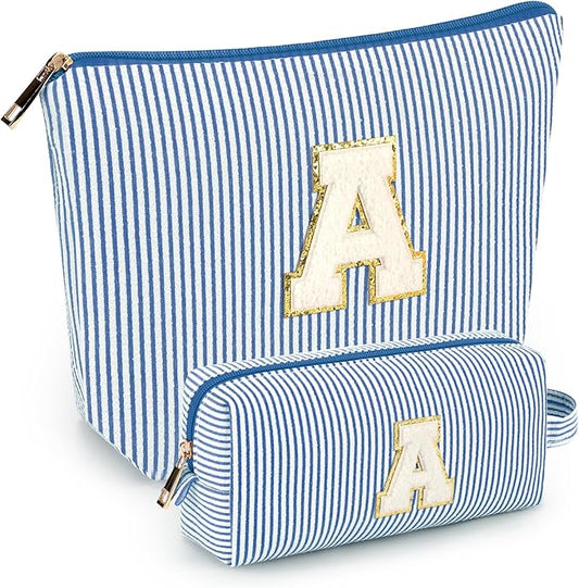2 PCS Initial Makeup Bags for Women: Cosmetic Bag for Travel Toiletry - Birthday Gifts for 11 12 13 14 15 16 17 18 Years Old Girl Graduation Teacher Gift- Teen Girl Gifts Trendy Stuff - Blue A