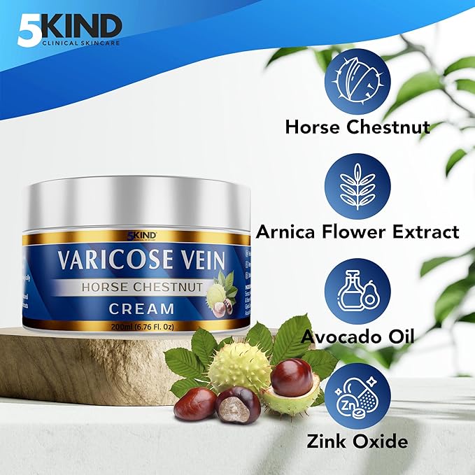 Varicose Veins Treatment for Legs 6.76 Fl Oz - Horse Chestnut Cream for Varicose Veins with Zinc, Avocado & Arnica - Improve the Appearance & Feel of Varicose Veins - Varicose Veins Cream by 5Kind