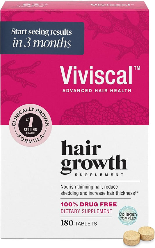 Viviscal Hair Growth Supplements for Women, Thicker Fuller Hair Support for Thinning Hair and Hair Loss, with Biotin and Marine Collagen, Drug-Free, 180 Tablets, 90-Day Supply
