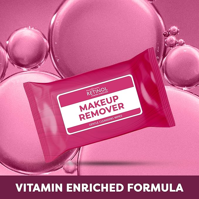 Retinol Individually Wrapped Makeup Remover Wipes, travel essentials for Travel & On the Go, women facial cleansing wipes, remove makeup mascara & sunscreen, with micellar water, 30 single face wipes