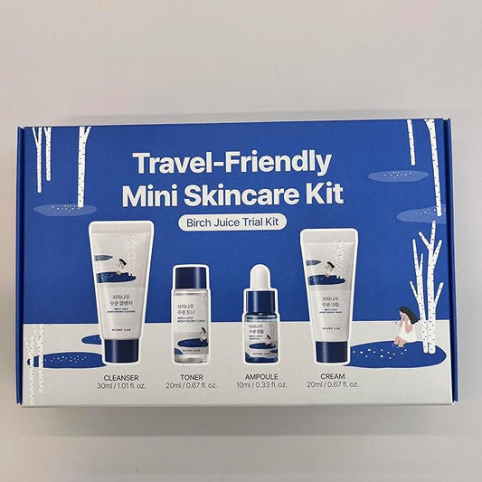 ROUND LAB Birch Juice Moisturizing Mini Kit, 4-Step Travel Size Skincare Set (Cleanser, Toner, Ampoule, Cream) | Korean Moisturizer, Hydrating Routine | Soothing Care for Acne-Prone, Sensitive Skin