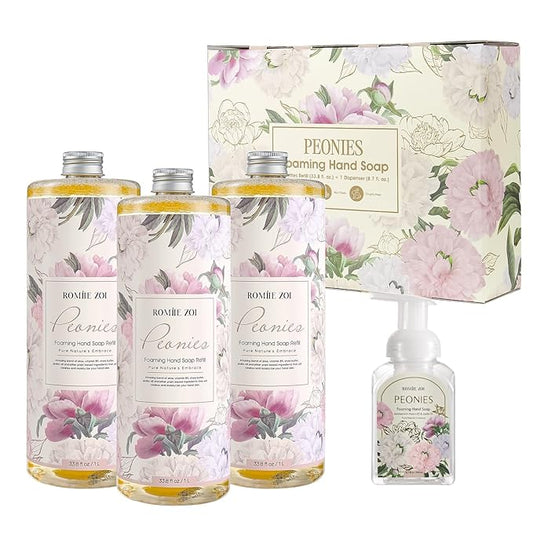 Foaming Hand Soap Refills 3-Pack (33.8 Fl Oz x 3) with Refilable Dispenser Peony Scented–Chemical-Free for Sensitive Skin, Bulk Refill Bottles for Bathroom & Kitchen Use
