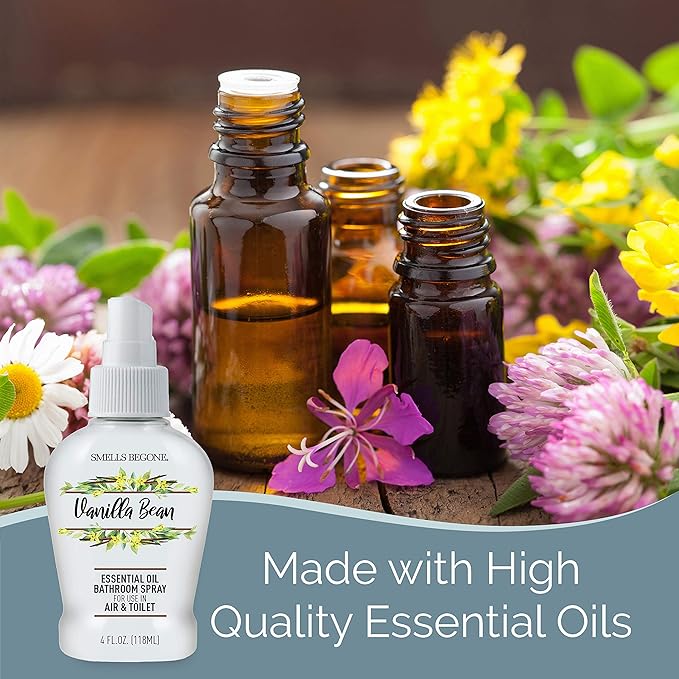 SMELLS BEGONE 4 oz Essential Oil Air Freshener Bathroom Spray - Eliminates Bathroom & Toilet Odors - Made with Essential Oils - Vanilla Bean Scent