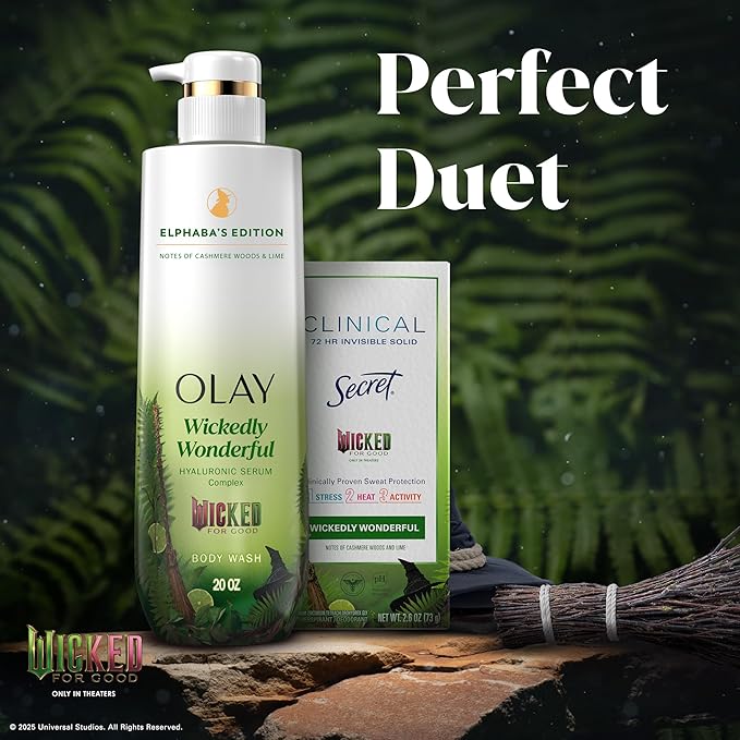 Olay Body Wash for Women, Wickedly Wonderful Elphaba’s Edition, Intensely Hydrating & Renewing, Pro-Hyaluronic Acid Serum with Vitamin B3, For All Skin Types, Cashmere Woods & Lime Scent, 20 fl oz