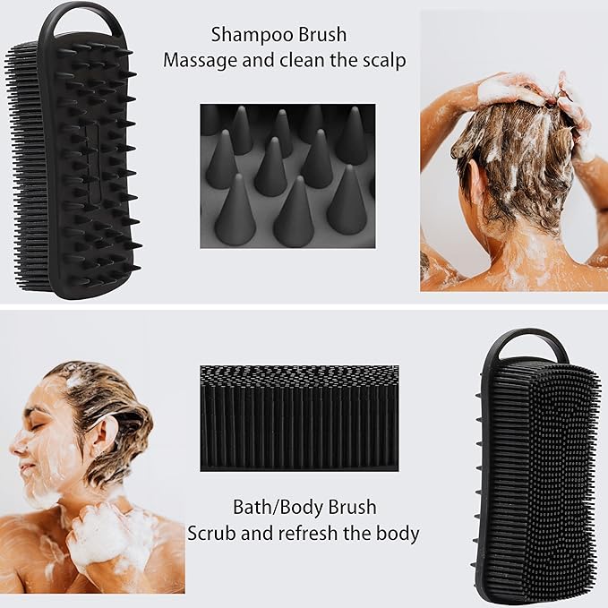 2 PC Silicone Body Scrubber, 2 in 1 Exfoliating Shower Bath Scrubber, Soft Silicone Loofah for Sensitive Skin, Shower Hair Scalp Massager, Easy to Clean, Lather Well (Blue&Black)