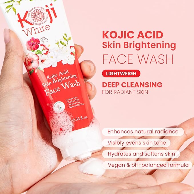 Koji White Kojic Acid Skin Brightening Face Wash for Exfoliating Face, Hydrating Face Moisturizer, Vegan Face Wash, Even Skin Tone with Vitamin C, Flower Extracts, Vitamin E, 2.54 Fl Oz
