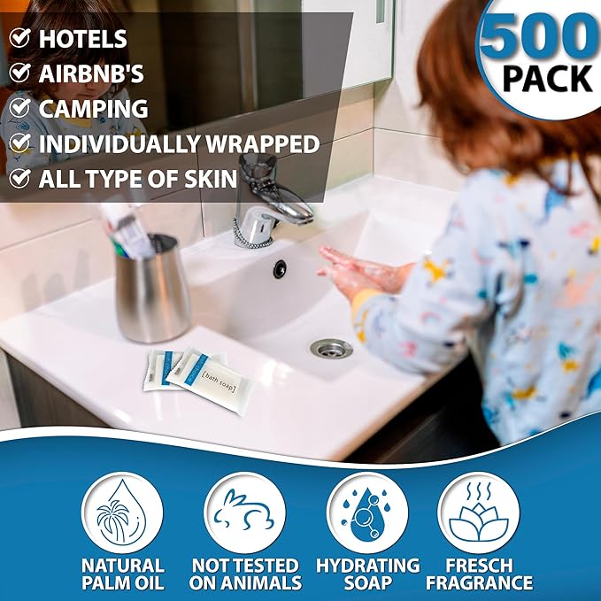 Bulk Hotel Soap, Individually Wrapped Bar Soaps, Mini Trial Size Toiletries, Bath Body Hand Soap for Vacation Rentals and Motel Guest Bathroom, 0.85 oz, Pack of 500
