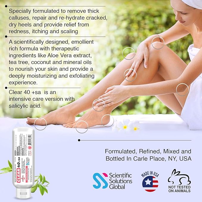 CLEAR 40 +SA, 40% Urea Gel + 2% Salicylic Acid, 8 oz w/Tea Tree & Coconut Oil, Aloe Vera, Callus & Corn Remover Softens Cracked Heels, Feet, Elbows, Hands, Nails, Superior hydration to Urea Creams