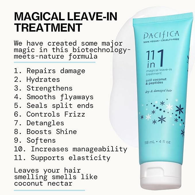 Pacifica Leave In Conditioner - 11 in 1 Magical Hair Treatment - Strengthen & Repair Damaged Hair - Deep Conditioning for Dry Hair Adds Shine & Anti-Frizz for Straight, Wavy & Curly Hair Care, Vegan