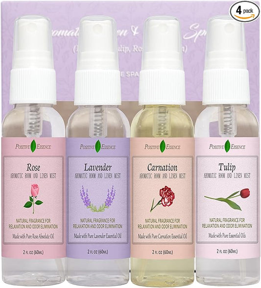 Linen and Room Spray Floral Gift Set, 4-Pack 60 mL (Lavender, Carnation, Rose, & Tulip) Natural Pillow Sprays Made with Pure Essential Oils & Minimal Ingredients, Bathroom Spray or Room Mist
