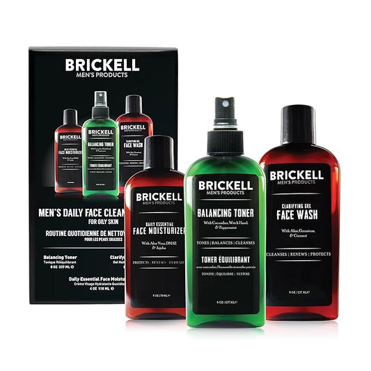 Brickell Men's Daily Face Cleanse Routine for Oily Skin, Alcohol Free Toner, Gel Facial Wash and Moisturizer, Natural and Organic, Scented