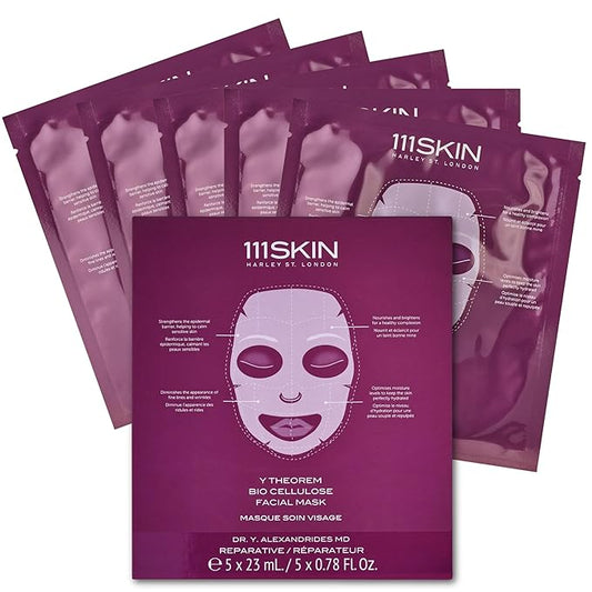 111SKIN Y Theorem Bio Cellulose Facial Mask for All Skin Types, Hydrating Face Mask with NAC Y2, Ectoin & Centella Asiatica, Enhances Skin Elasticity, Skincare Sheet Masks for Self Care, 5x 0.78 fl oz
