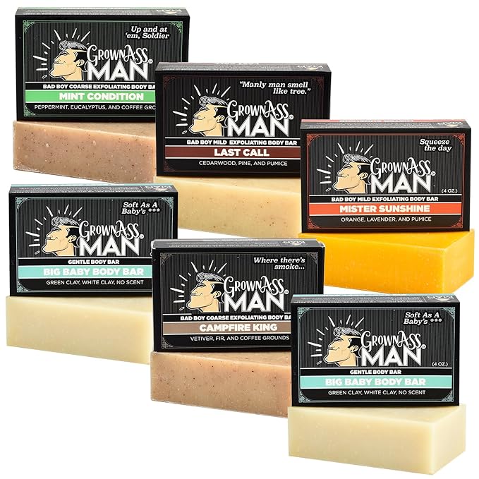 Grown Ass Man Co. Exfoliating Body Bars - Solid Soap with Natural Oils & Gentle Scrub - Plastic Free & Eco-Friendly, Natural & Organic for All Skin Types, 4oz Bar - Variety, 6-Pack