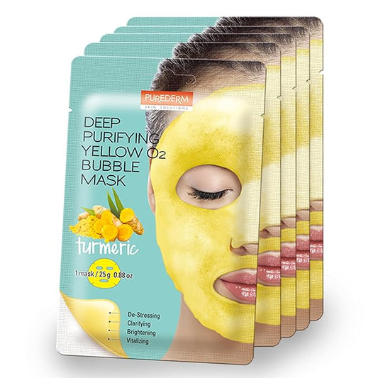 Purederm Deep Purifying Yellow O2 Bubble Mask Turmeric (5 Pack) – Bubble Face Sheet Mask for Purifying & Vitalizing