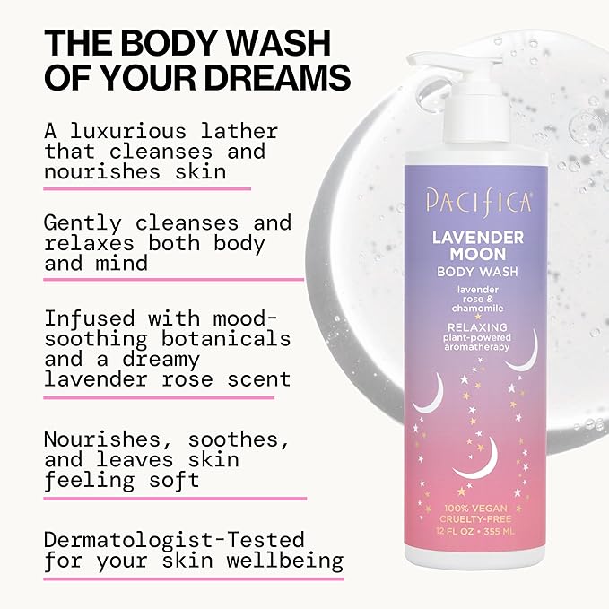 Pacifica Beauty Lavender Moon Body Wash with Pump, Bath and Shower Gel, Hyaluronic Acid, Rose, Chamomile, Moisturizing, Hydrating, Cleansing, Soothing, Calming, Relaxing, Vegan, 12 fl oz (1 Count)