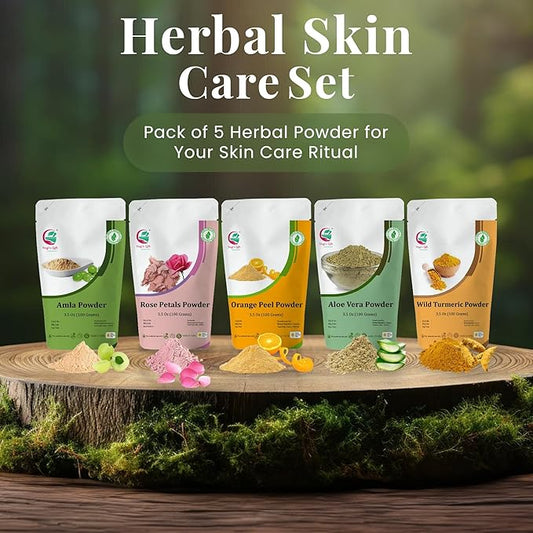 Herbal Skin Care Set | 5 powders in One Pack | Aloe vera, Amla, Orange Peel, Rose & Wild Turmeric powders | 100g Each | DIY Face Mask Powders | By Yogi's Gift®