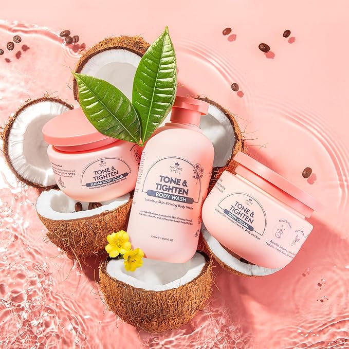 Nature Spell Tone & Tightening Body Wash, Firming Shower Gel for Skin Elasticity, Infused with Hyaluronic Acid, Plant Collagen and Ginseng, for All Skin Types, No SLS, Vegan, 10.8 fl oz