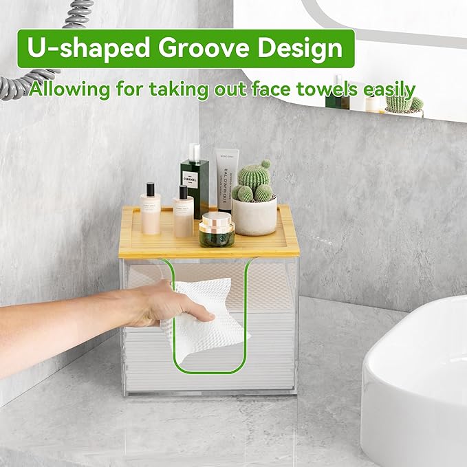 VITVITI Disposable Face Towel Holder Box, Acrylic Facial Towel Container for XL Clean Skin Club, Large Disposable Face Towels Storage with Bamboo Lid, for Bathroom, Vanity Makeup, Clear