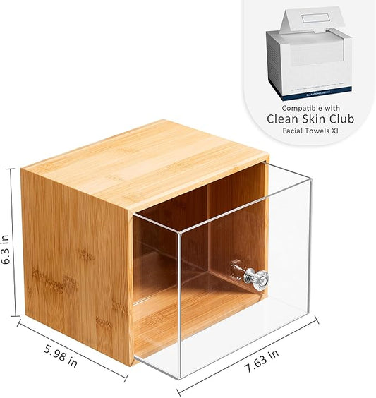 HBlife Bamboo Disposable Face Towel Holder Compatible with Clean Skin Club Face Towel XL, Wall-Mounted Acrylic Storage Box with Drawer for Makeup Remover Wipes for Vanity and Bathroom