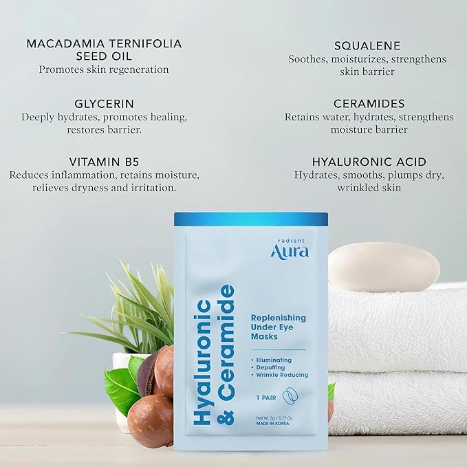 Under Eye Patches with Hyaluronic & Ceramide- Dermatologist Tested Korean Eye Gel Patches for Dark Circles & Puffiness -Illuminating & Wrinkle Reducing Formula for Brighter Eyes - 5 Pairs